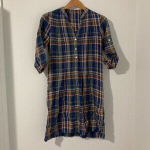 J.MCLAUGHLIN Lightweight Cotton PLAID Button Front Tunic XS Blue Green Dress